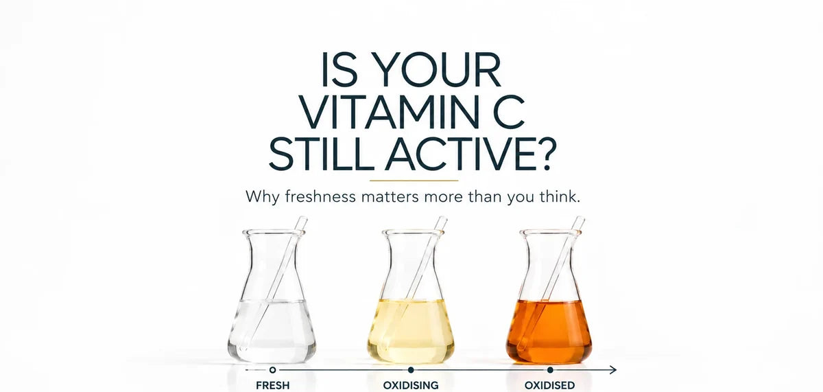 Three flasks of Vitamin C serum at different stages of oxidation, from fresh and clear to significantly oxidised and brown, next to a KJ Serums Triology bottle