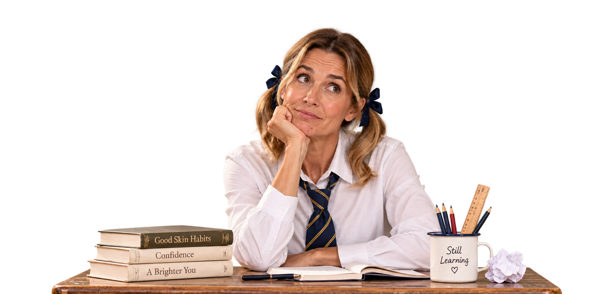 A woman in her 40s dressed in a school uniform with pigtails, sitting at a school desk, a playful take on adult acne.