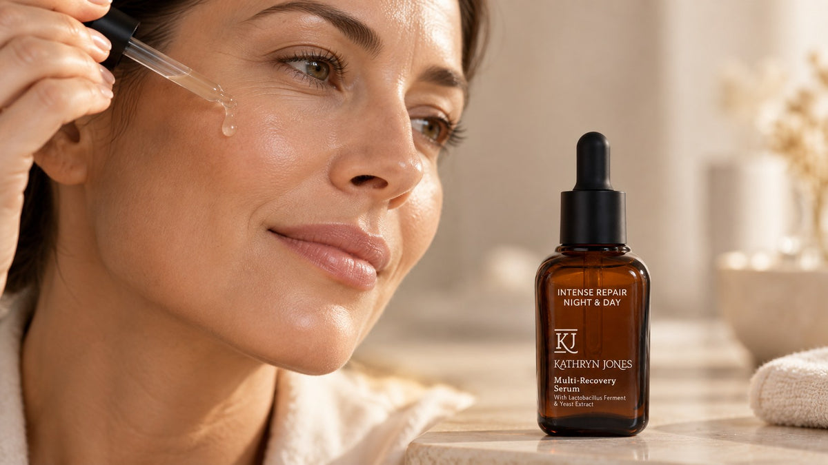 Woman applying Intense Repair Night & Day probiotic serum by KJ Serums to support the skin microbiome