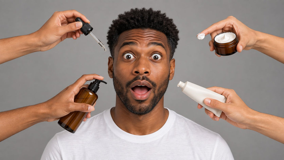 Man looking surprised as four hands reach in from each side, each holding a different skincare product, illustrating the overwhelm of too many products in a routine.