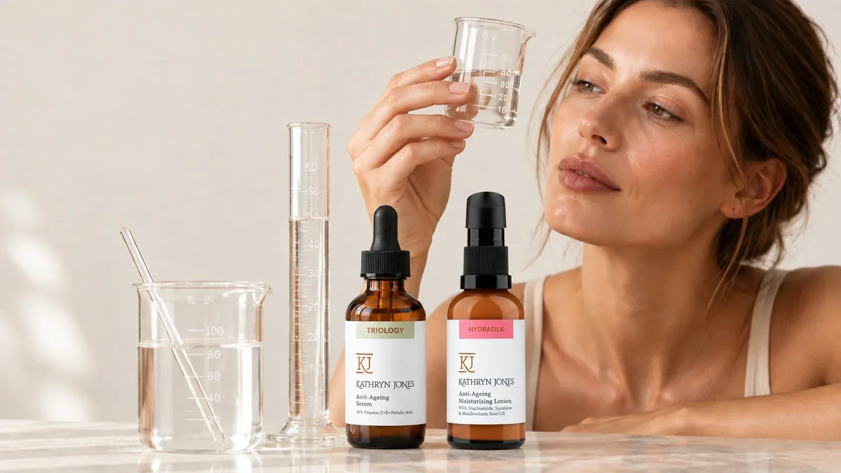 Woman examining a measuring beaker beside Triology and HydraSilk serums, representing a considered, personalised skincare routine