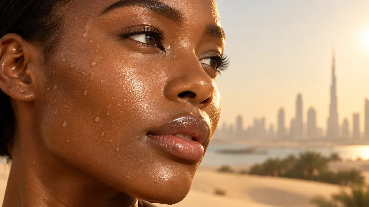 Woman with dewy, hydrated skin outdoors in Dubai heat, demonstrating the skin flooding hydration trend