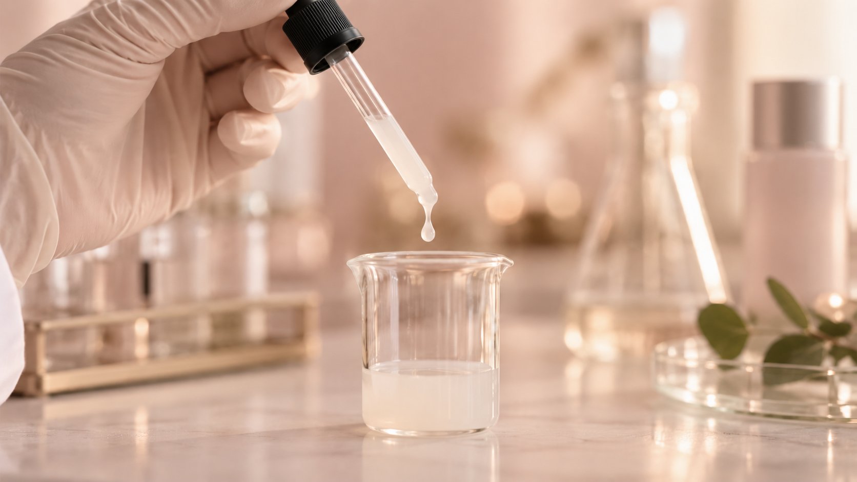 Gloved hand holding serum pipette over a glass beaker in a laboratory setting
