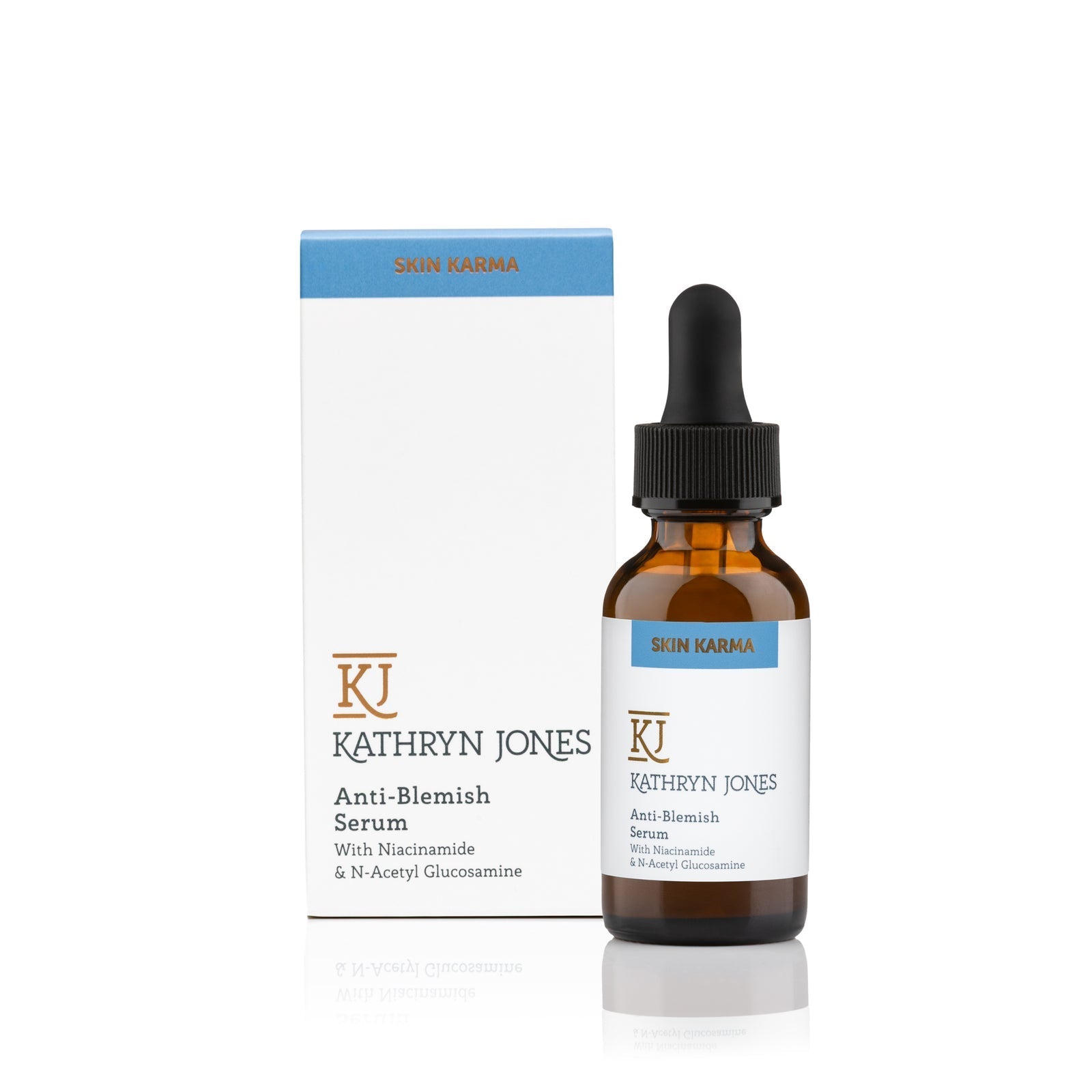 Kathryn Jones Anti-Blemish Serum bottle with niacinamide and hyaluronic acid