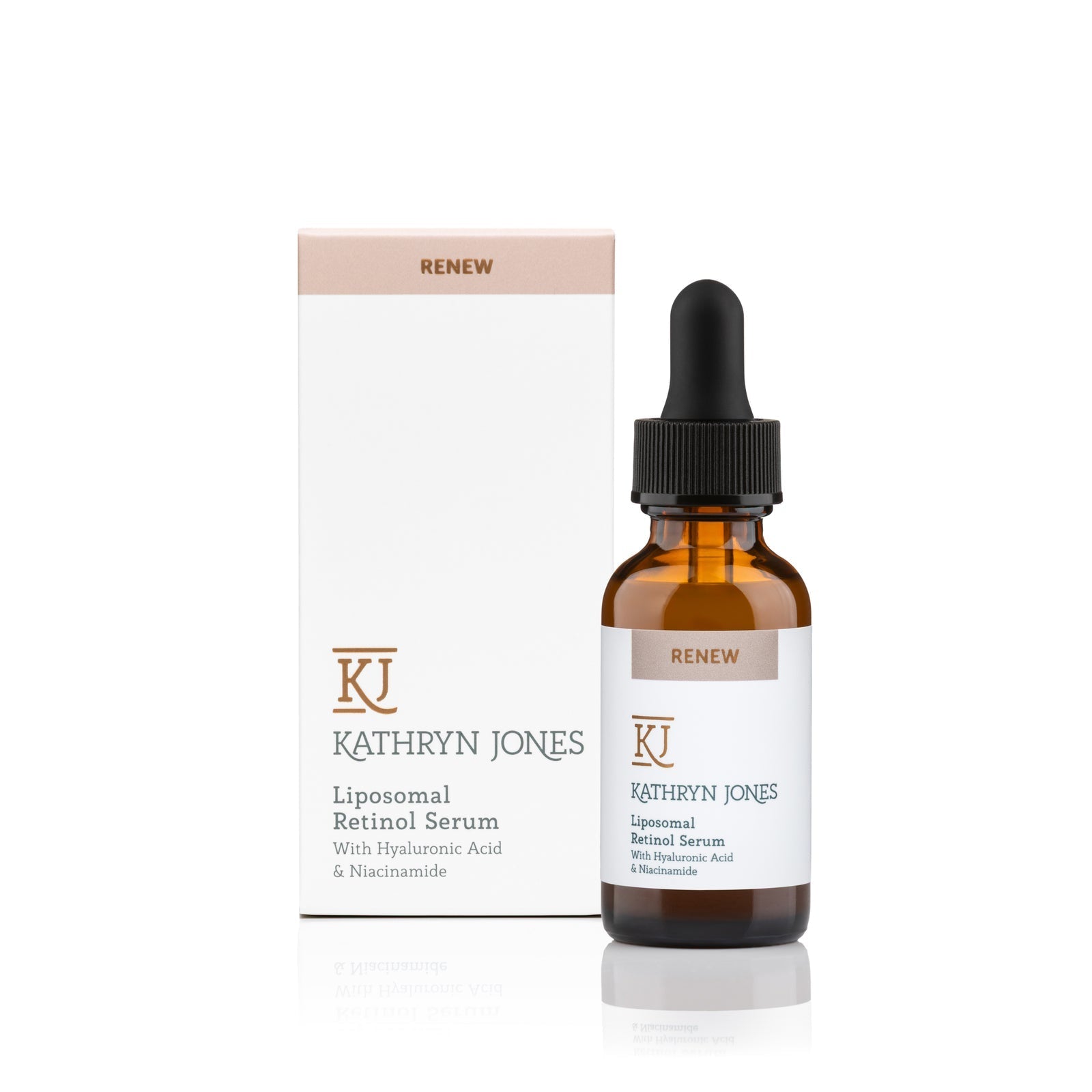 Kathryn Jones liposomal retinol serum bottle and packaging on a white background