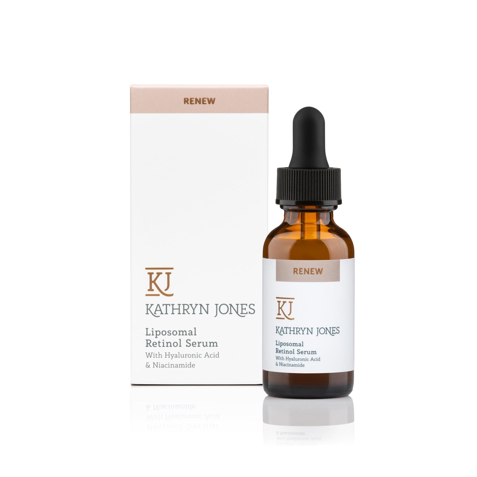 Kathryn Jones liposomal retinol serum bottle and packaging on a white background