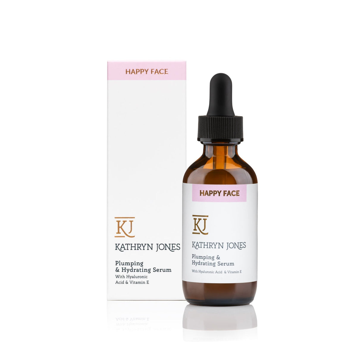Kathryn Jones Happy Face hyaluronic acid plumping Serum with luxury packaging on a clean white background