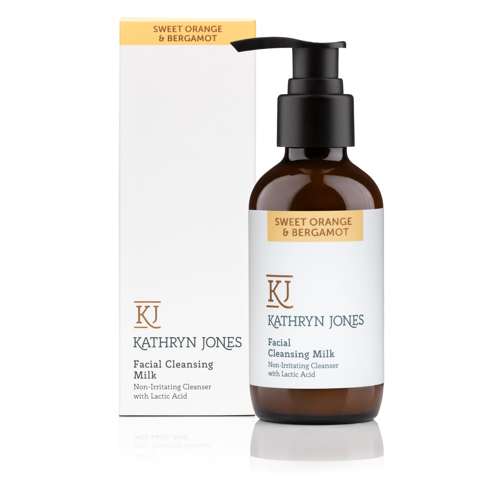 Kathryn Jones facial cleansing milk bottle and packaging on a white background