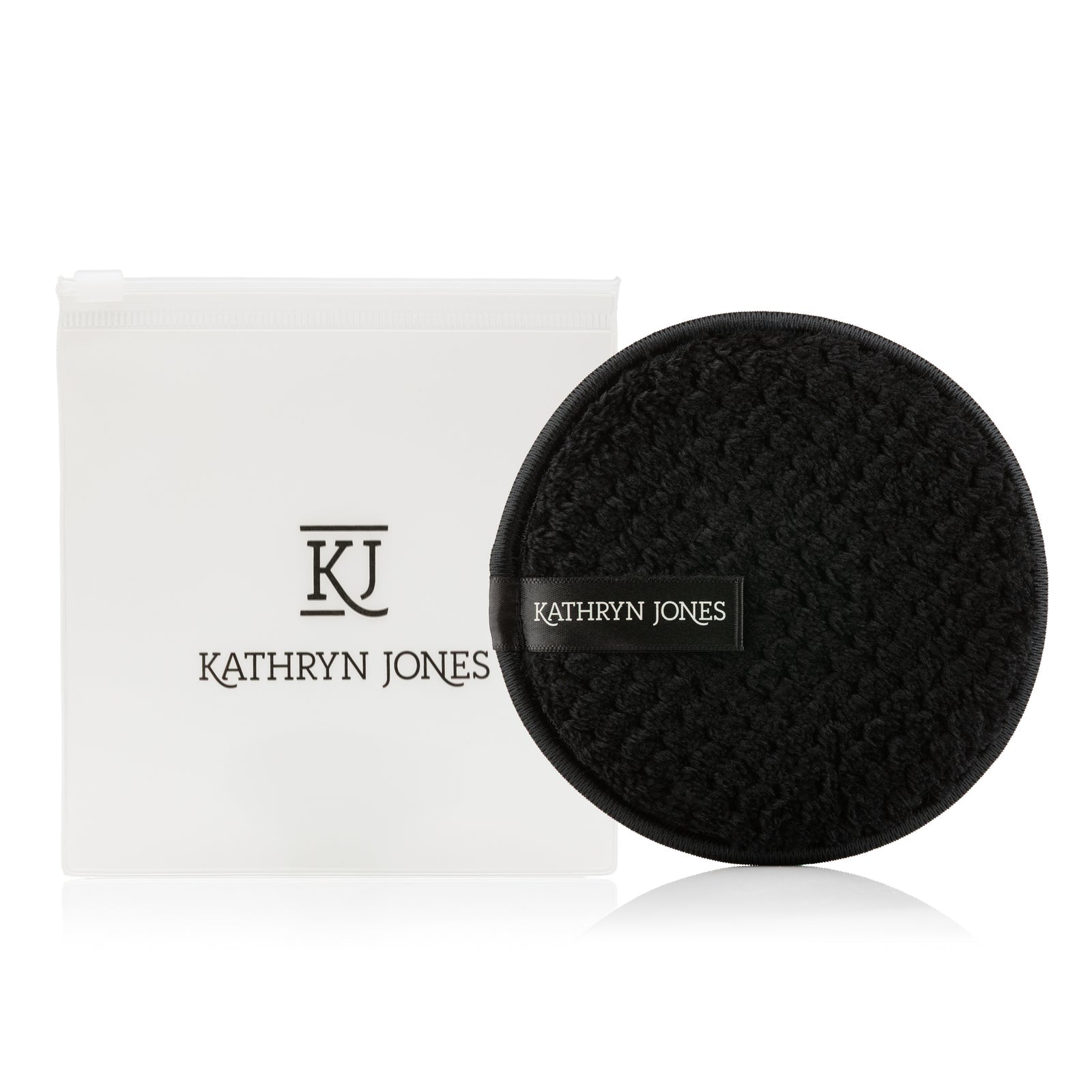 Black makeup pad with 'Kathryn Jones' branding on a white background
