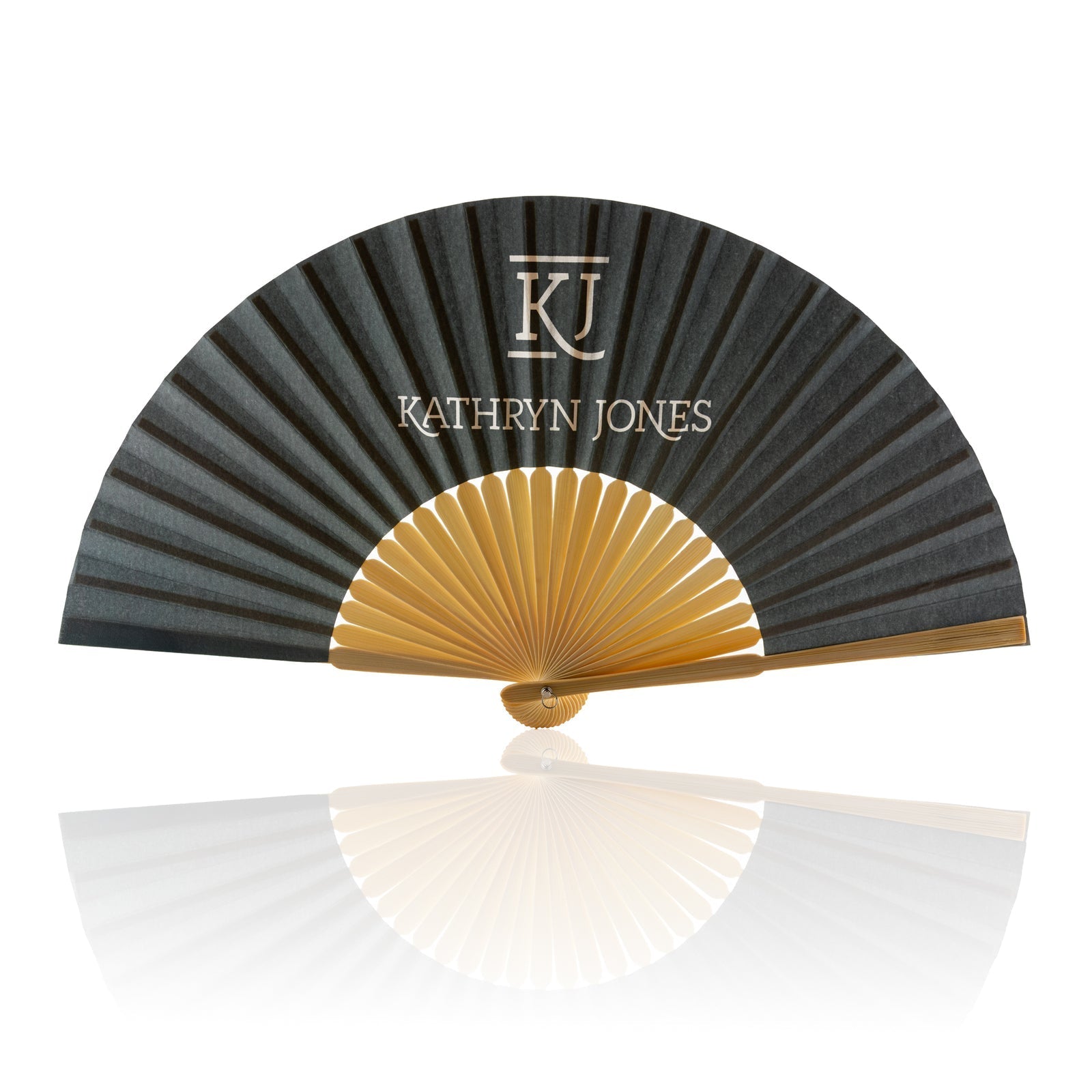 Handheld fan with 'Kathryn Jones' branding on a white background