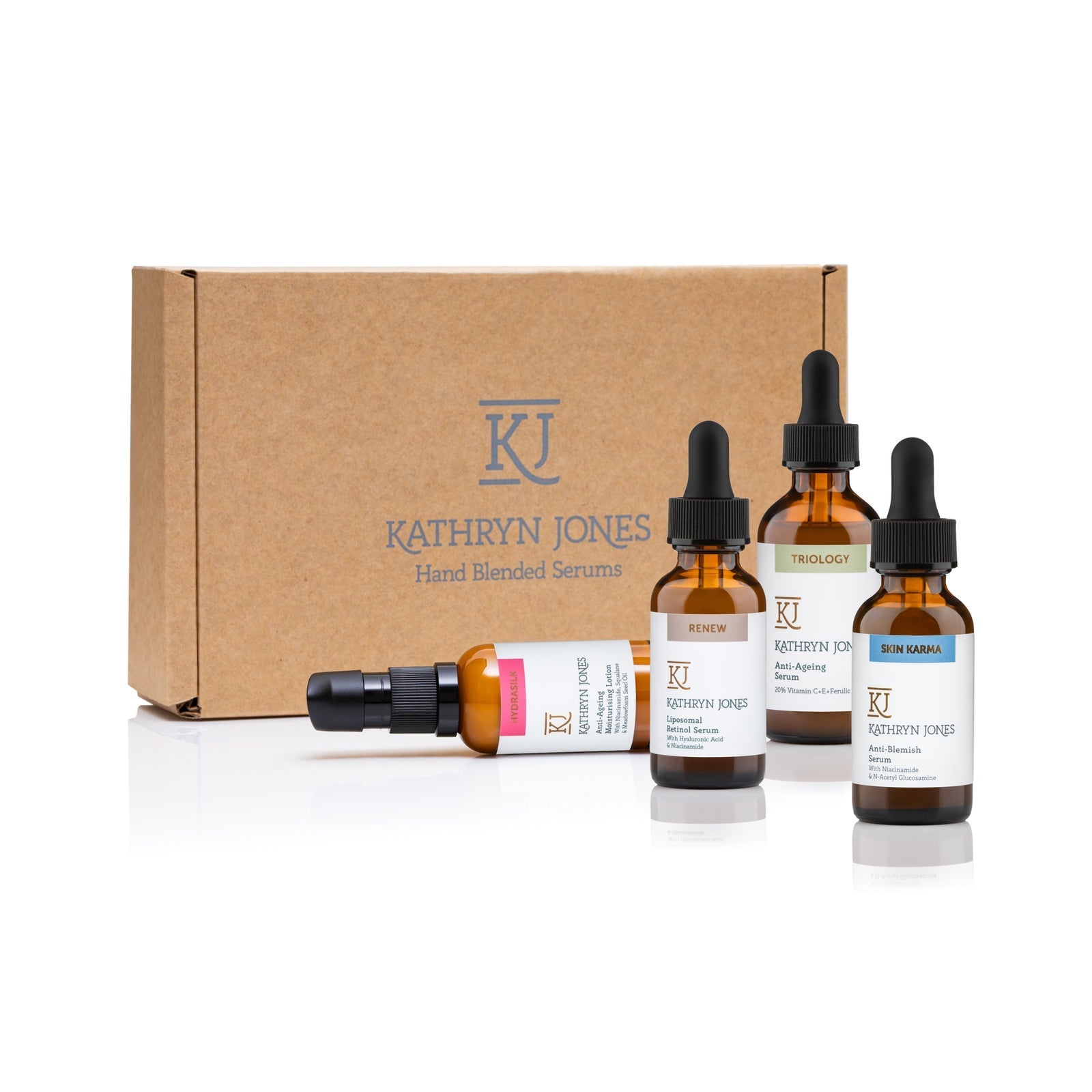 Kathryn Jones serum bottles and packaging on a white background