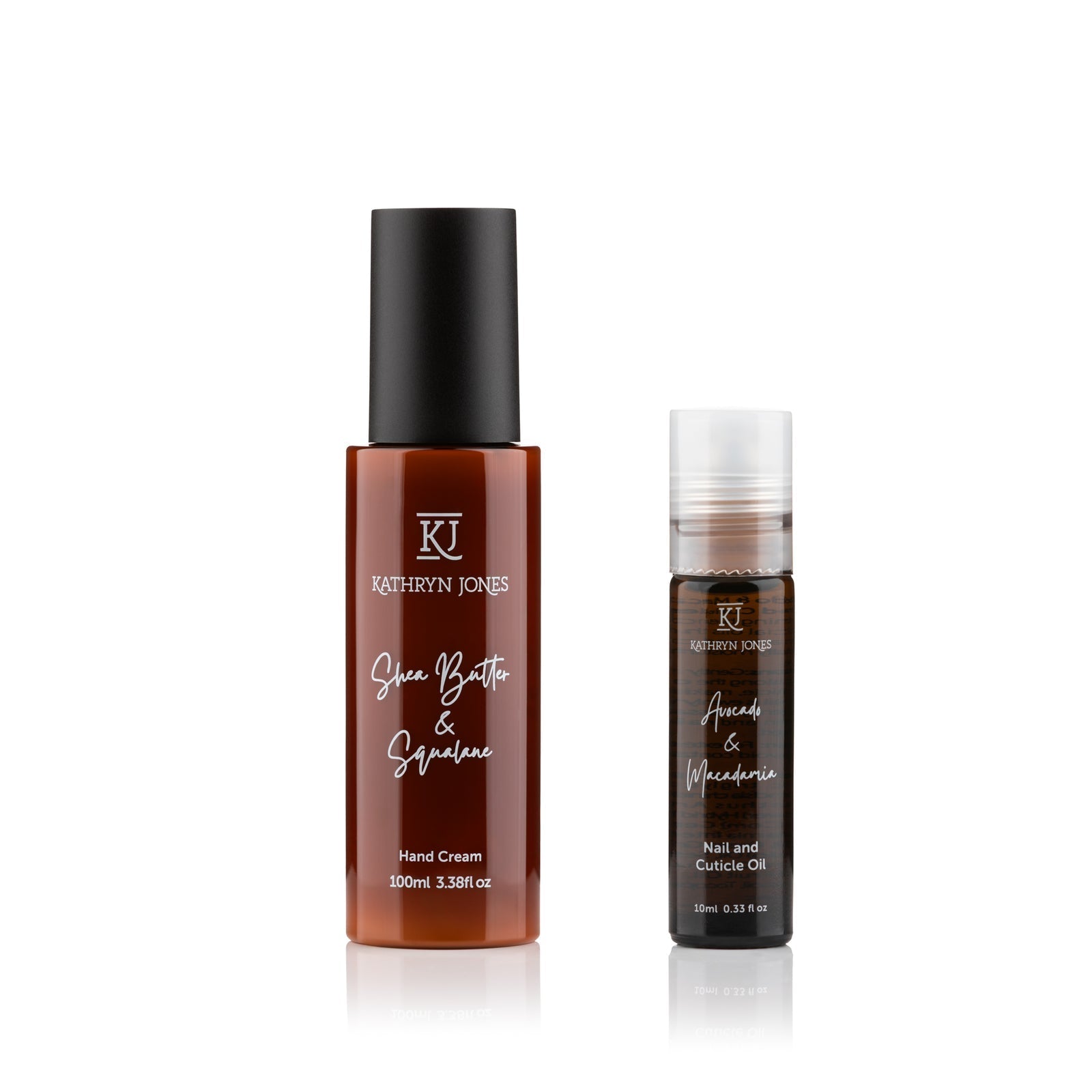Two bottles of Kathryn Jones skincare products on a white background