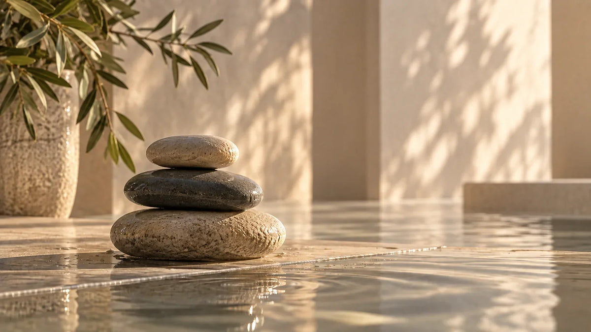 Stacked stones beside still water in a calm spa setting, representing relief from stress-related skin
