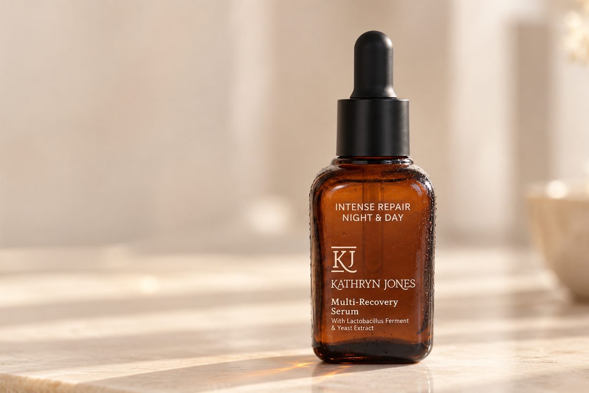 KJ Serums Intense Repair Night & Day Multi-Recovery Serum with Lactobacillus Ferment and Yeast Extract on a marble surface