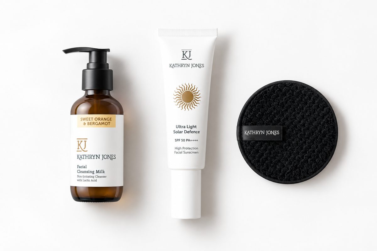 KJ Serums Facial Cleansing Milk, Ultra Light Solar Defence SPF 50 sunscreen, and reusable cleansing sponge on a white background