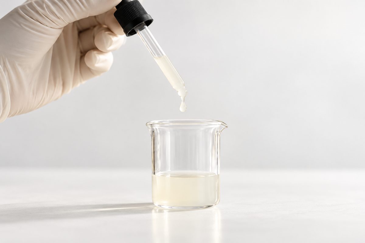 Serum being dispensed with a dropper into a glass beaker, showing the formula's texture and clarity in a scientific setting 