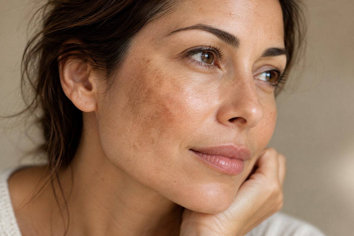 Close-up portrait showing natural skin pigmentation and uneven tone on the cheek