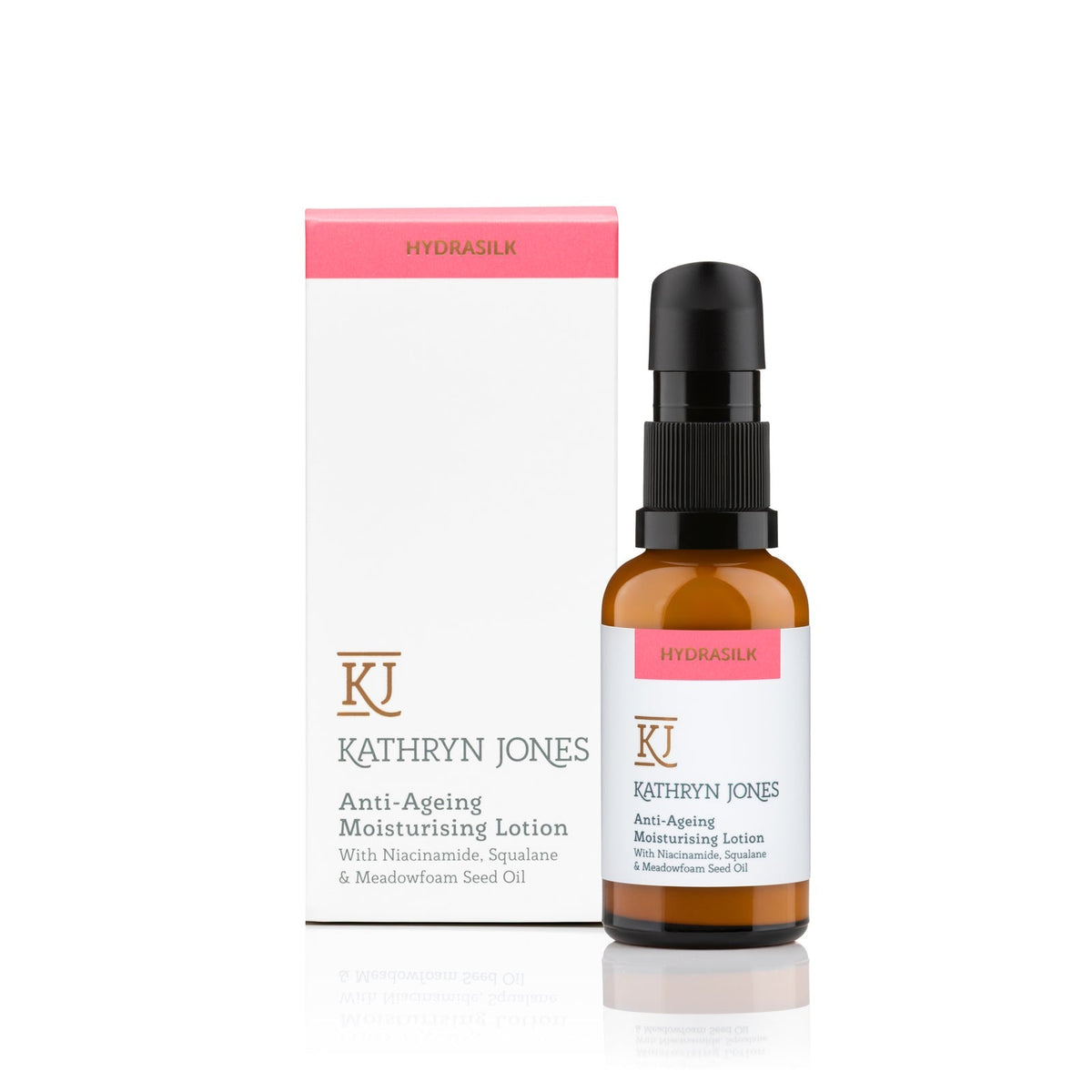 Kathryn Jones anti-ageing moisturising lotion bottle and packaging on a white background