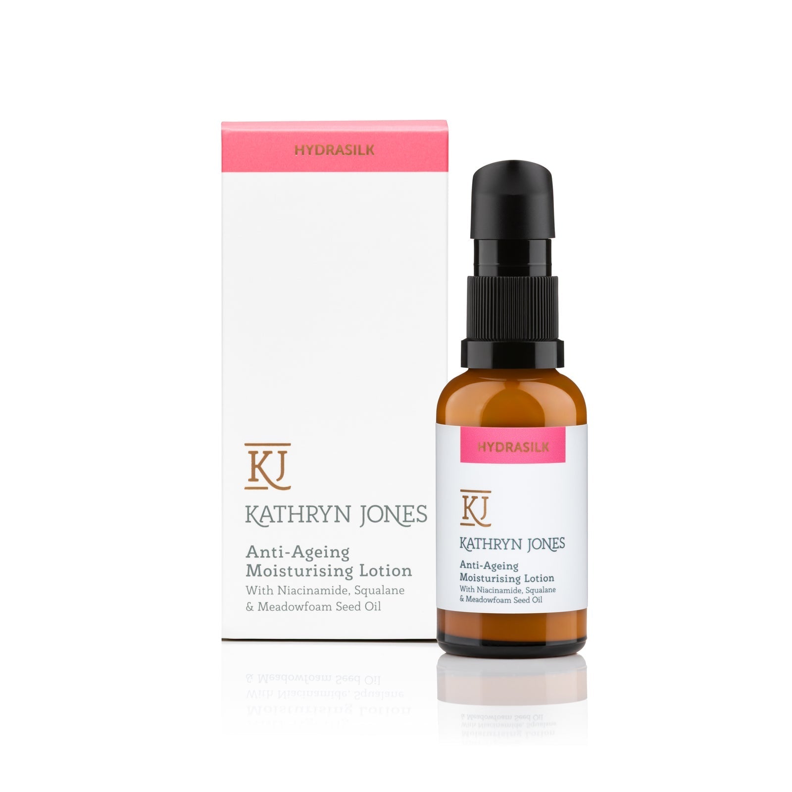 Kathryn Jones anti-aging moisturizing lotion bottle and packaging on a white background