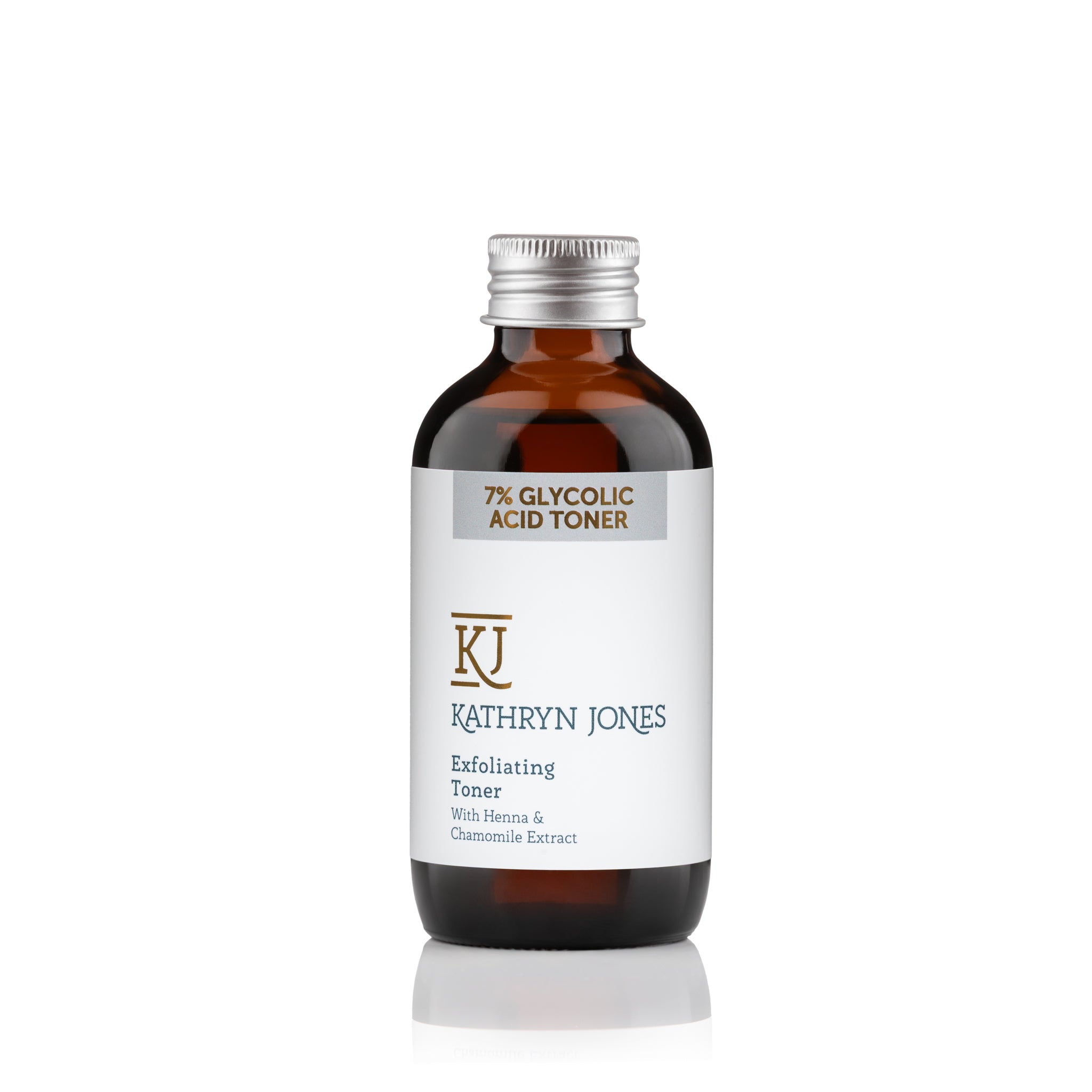 Bottle of Kathryn Jones glycolic acid exfoliating toner on a white background 