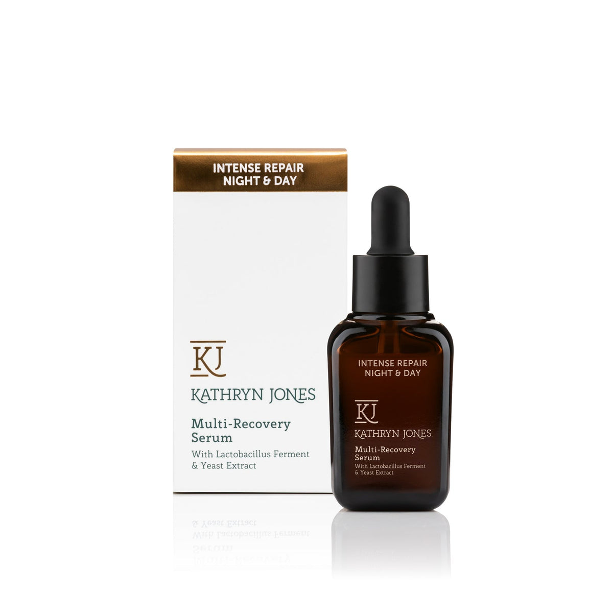 Kathryn Jones Multi-Recovery Serum bottle and luxury packaging on a white background