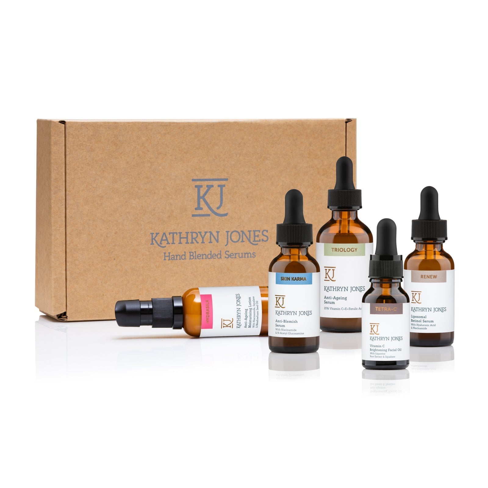 Kathryn Jones anti-pigmentation skincare serum bottles and packaging on a white background