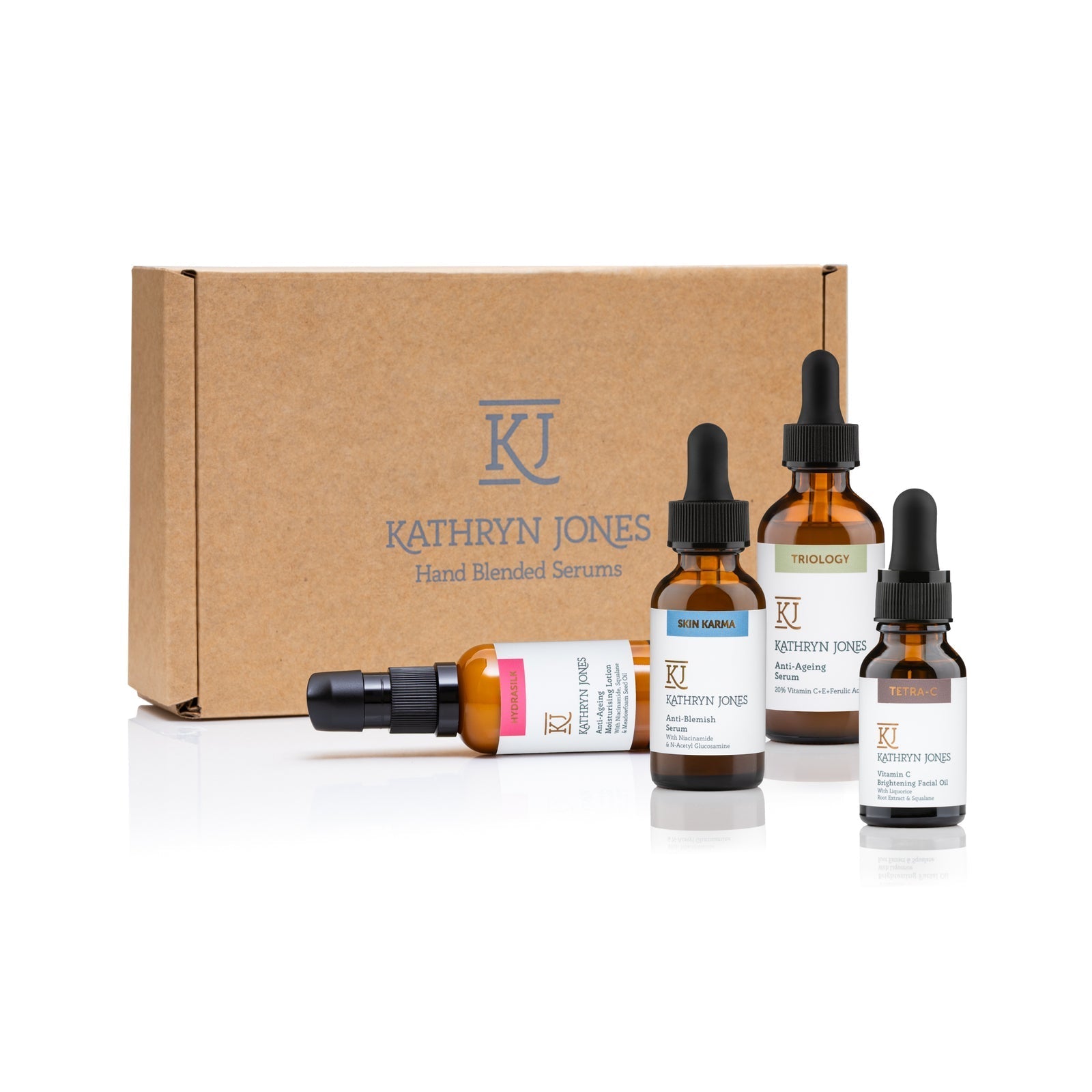 Kathryn Jones skincare products including bottles and a box on a white background