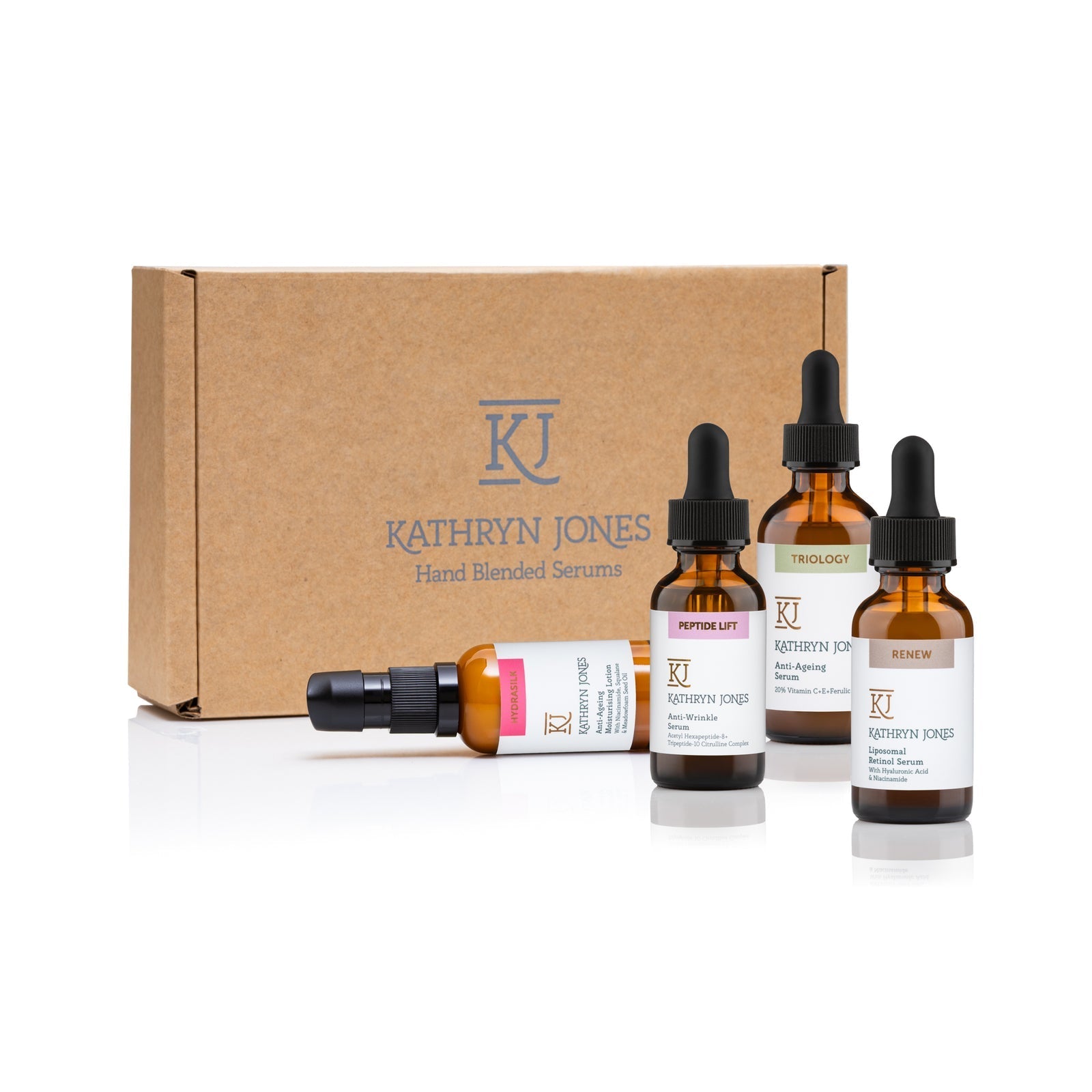 Kathryn Jones serum bottles and packaging on a white background