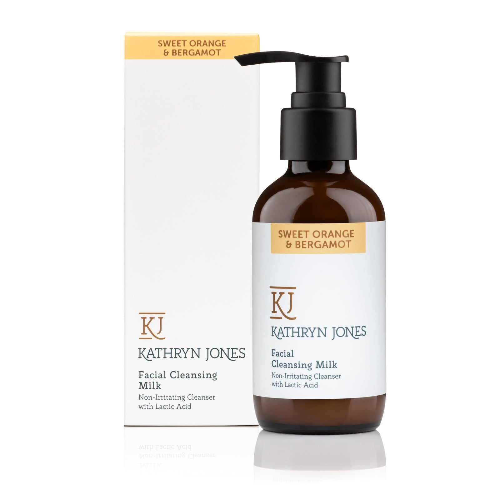 Kathryn Jones facial cleansing milk bottle with packaging on a white background