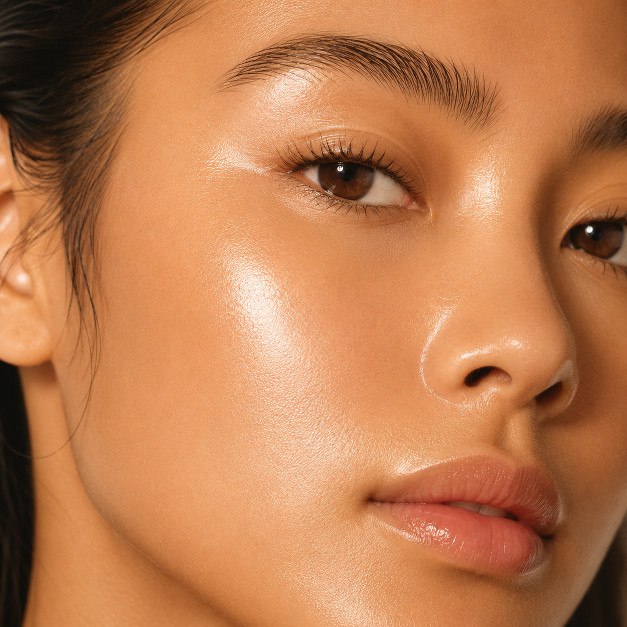 Close-up of a model's face showcasing a high-shine, luminous warm beige skin finish with soft, warm lighting.