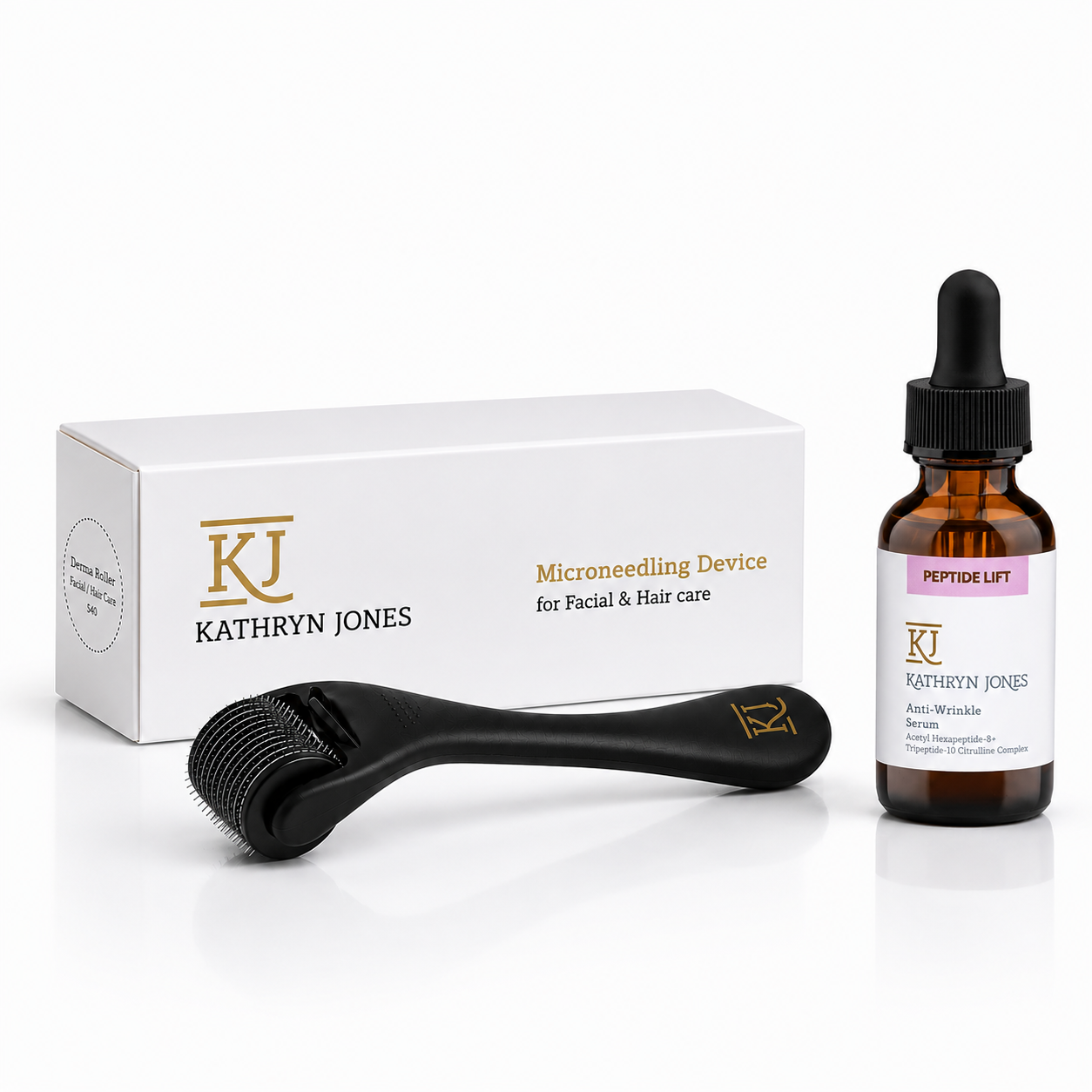 Kathryn Jones microneedling device and dropper bottle on a white background