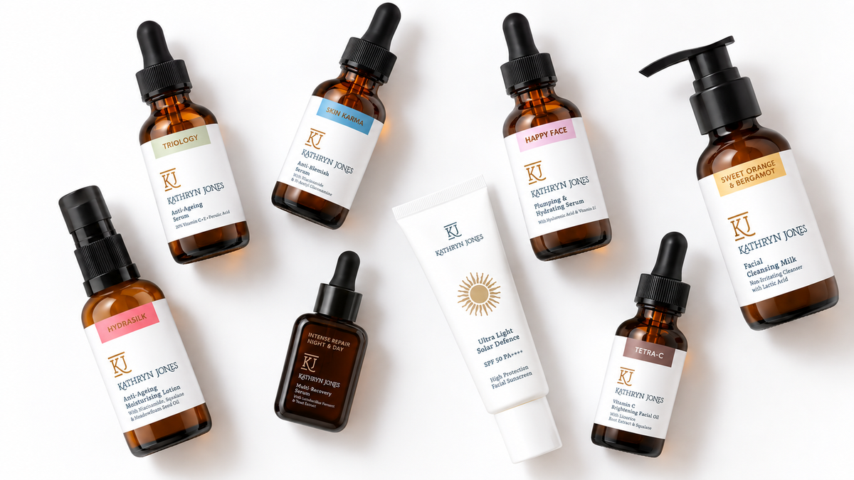 KJ Serums product collection - Triology, Skin Karma, Happy Face, Sweet Orange and Bergamot, Hydrasilk, Intense Repair, Ultra Light Solar Defence, and Tetra-C