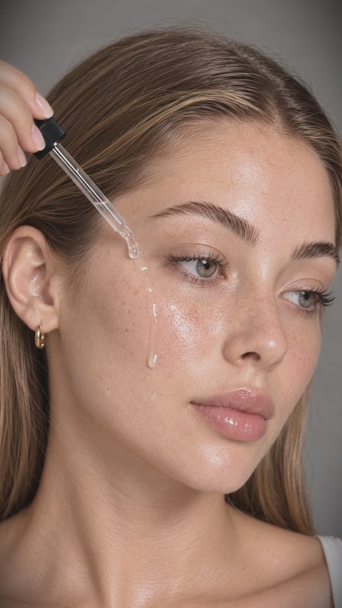 Kathryn Jones Triology anti-ageing serum applied with a dropper to the cheek, next to the 60ml bottle.