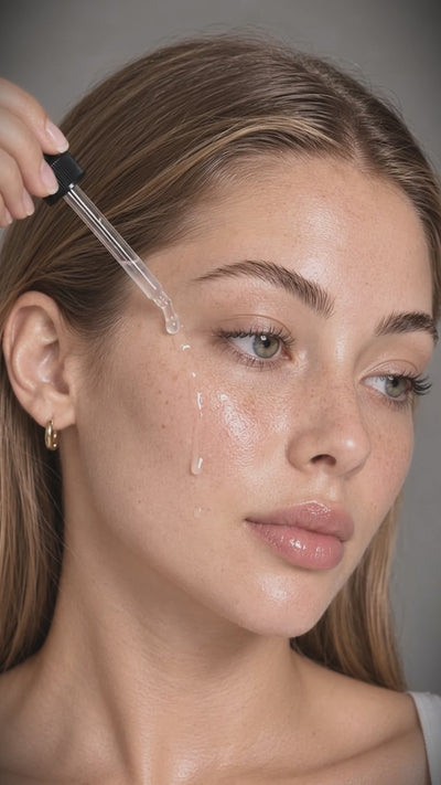 Kathryn Jones Triology anti-ageing serum applied with a dropper to the cheek, next to the 60ml bottle.